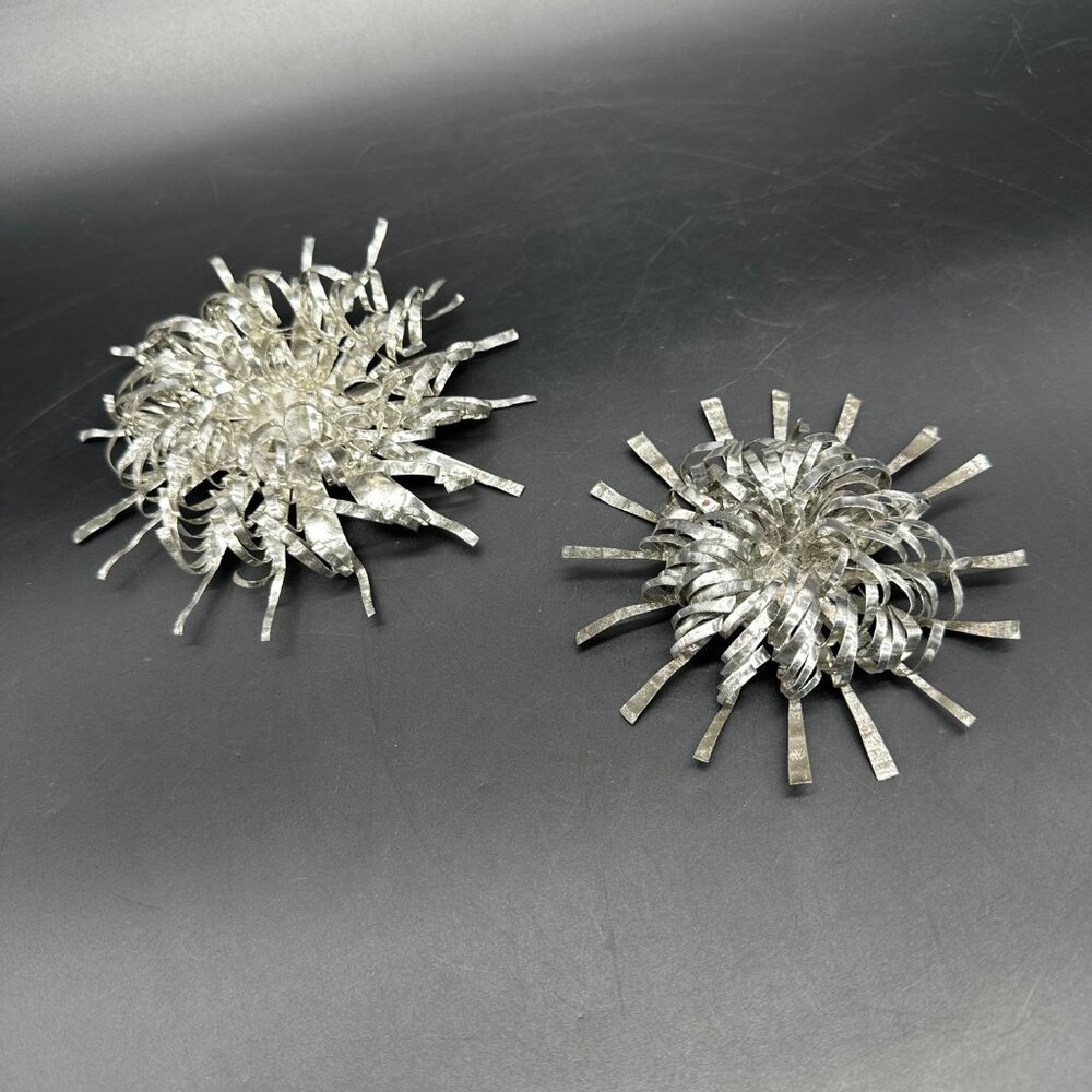 Vintage Atomic Starburst Christmas Ornaments Aluminum Handmade Set Of 2 Silver